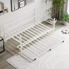 Lit de repos avec lit gigogne, lit de repos simple en métal avec tête de lit florale, cadre de lit de repos moderne en métal avec lit gigogne coulissant, lattes en acier robustes
