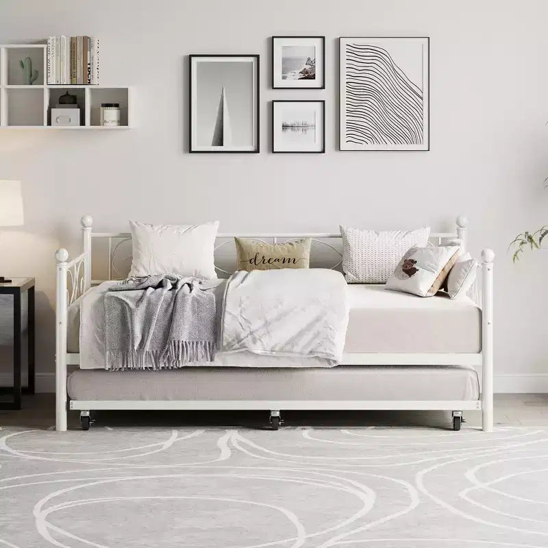 Lit de repos avec lit gigogne, lit de repos simple en métal avec tête de lit florale, cadre de lit de repos moderne en métal avec lit gigogne coulissant, lattes en acier robustes