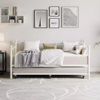 Lit de repos avec lit gigogne, lit de repos simple en métal avec tête de lit florale, cadre de lit de repos moderne en métal avec lit gigogne coulissant, lattes en acier robustes
