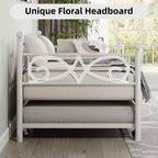 Lit de repos avec lit gigogne, lit de repos simple en métal avec tête de lit florale, cadre de lit de repos moderne en métal avec lit gigogne coulissant, lattes en acier robustes
