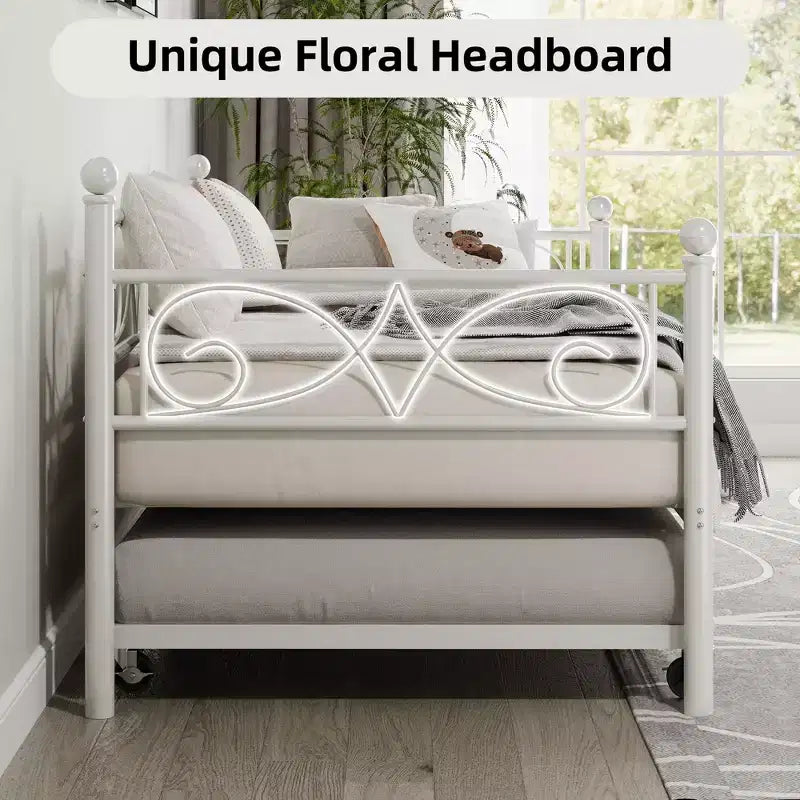 Lit de repos avec lit gigogne, lit de repos simple en métal avec tête de lit florale, cadre de lit de repos moderne en métal avec lit gigogne coulissant, lattes en acier robustes