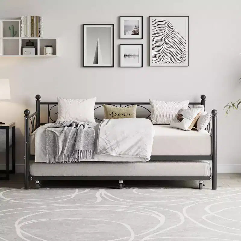 Lit de repos avec lit gigogne, lit de repos simple en métal avec tête de lit florale, cadre de lit de repos moderne en métal avec lit gigogne coulissant, lattes en acier robustes