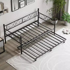 Lit de repos avec lit gigogne, lit de repos simple en métal avec tête de lit florale, cadre de lit de repos moderne en métal avec lit gigogne coulissant, lattes en acier robustes
