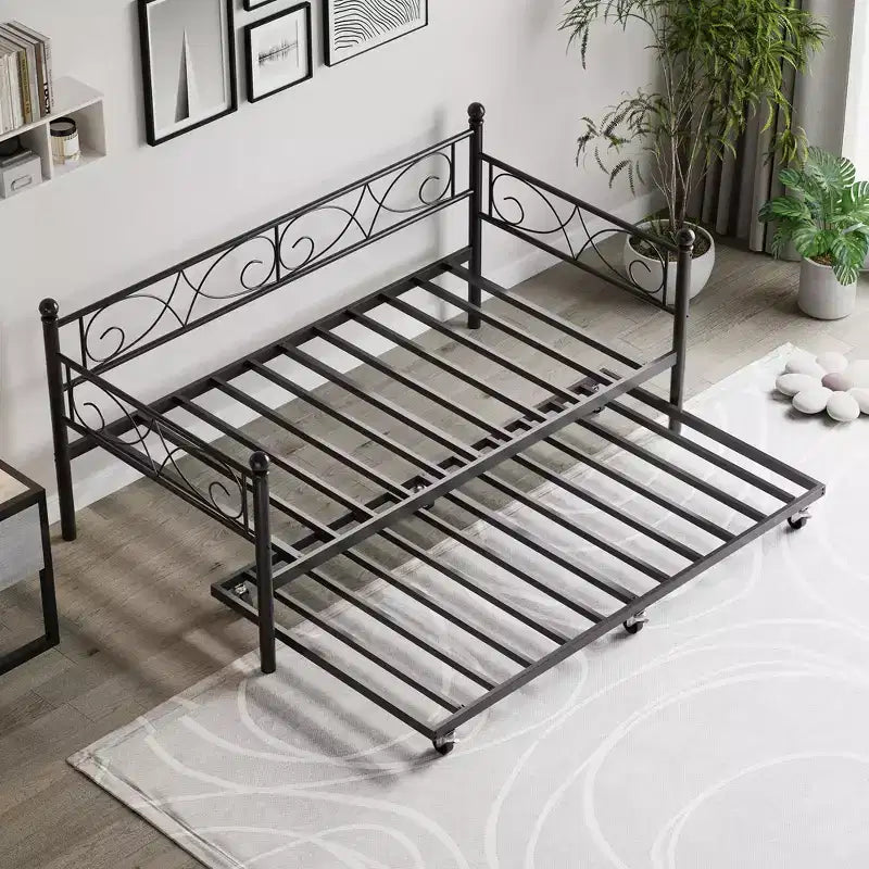 Lit de repos avec lit gigogne, lit de repos simple en métal avec tête de lit florale, cadre de lit de repos moderne en métal avec lit gigogne coulissant, lattes en acier robustes