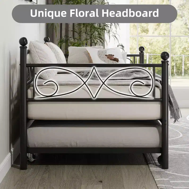 Lit de repos avec lit gigogne, lit de repos simple en métal avec tête de lit florale, cadre de lit de repos moderne en métal avec lit gigogne coulissant, lattes en acier robustes