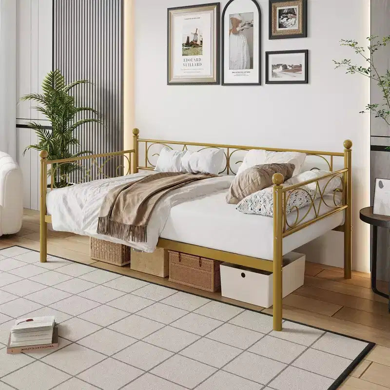 Lit de repos avec lit gigogne, lit de repos simple en métal avec tête de lit florale, cadre de lit de repos moderne en métal avec lit gigogne coulissant, lattes en acier robustes