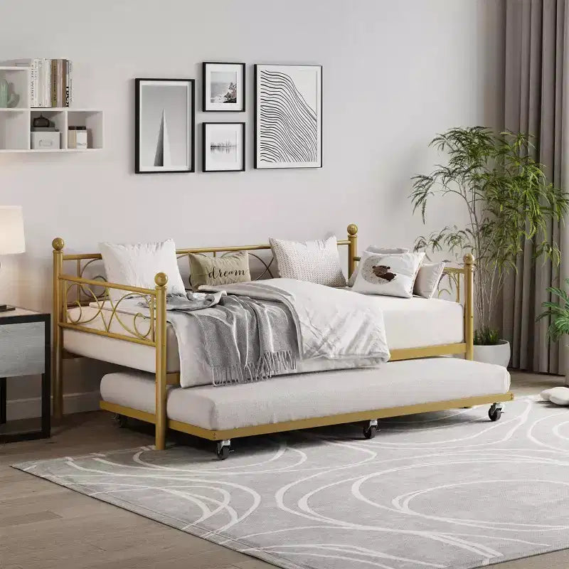 Lit de repos avec lit gigogne, lit de repos simple en métal avec tête de lit florale, cadre de lit de repos moderne en métal avec lit gigogne coulissant, lattes en acier robustes