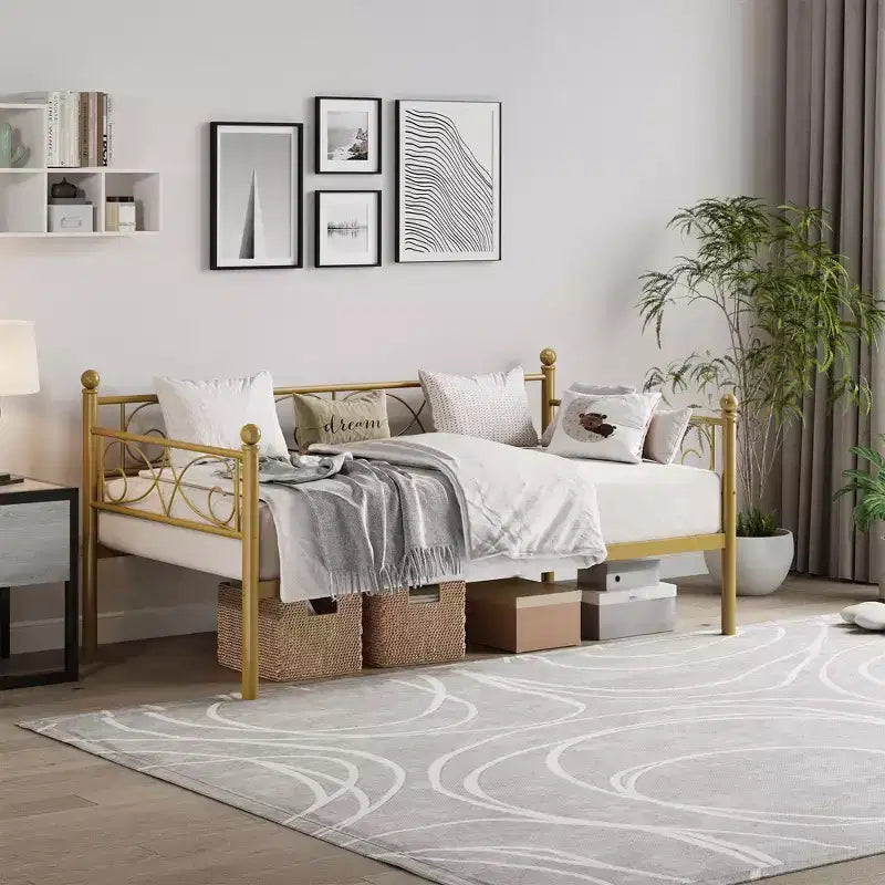 Lit de repos avec lit gigogne, lit de repos simple en métal avec tête de lit florale, cadre de lit de repos moderne en métal avec lit gigogne coulissant, lattes en acier robustes