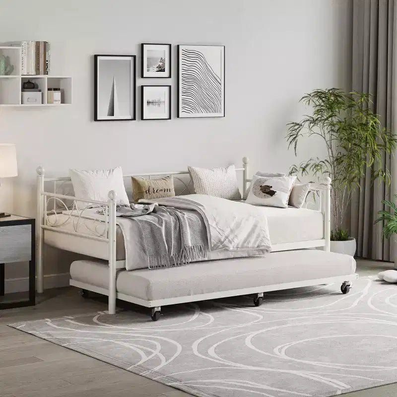 Lit de repos avec lit gigogne, lit de repos simple en métal avec tête de lit florale, cadre de lit de repos moderne en métal avec lit gigogne coulissant, lattes en acier robustes