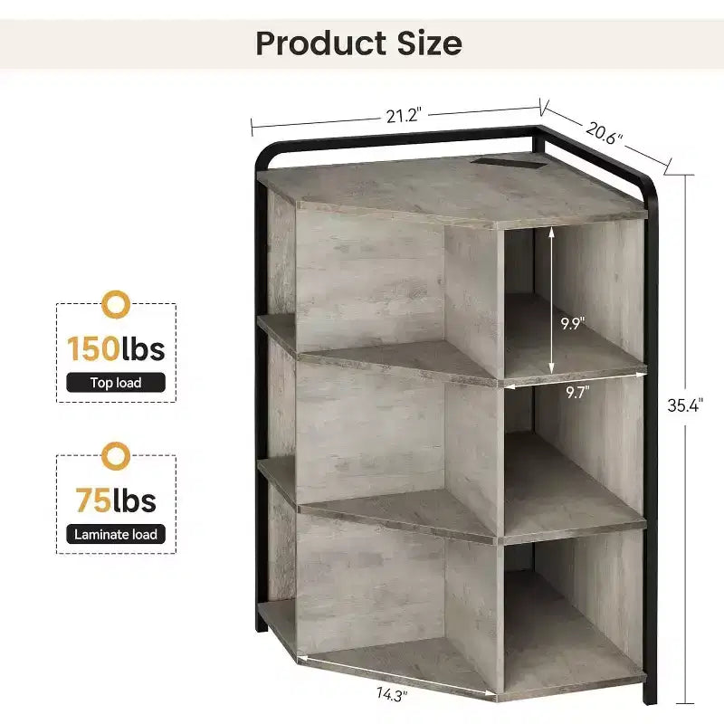 Meuble d'angle Acekool avec station de charge, bibliothèque triangulaire à 3 niveaux avec ports USB, prises et organisateur à 9 cubes pour chambre, bureau, salon