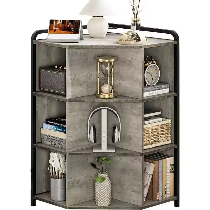 Meuble d'angle Acekool avec station de charge, bibliothèque triangulaire à 3 niveaux avec ports USB, prises et organisateur à 9 cubes pour chambre, bureau, salon