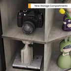 Meuble d'angle Acekool avec station de charge, bibliothèque triangulaire à 3 niveaux avec ports USB, prises et organisateur à 9 cubes pour chambre, bureau, salon