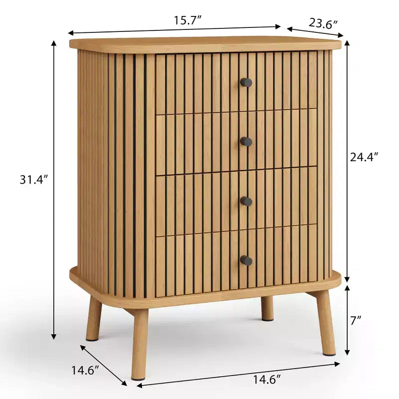 Commode à 4 tiroirs, chiffonnier de chambre à coucher, meuble de rangement, grand espace, commode moderne en osier avec poignées noir mat et pieds en bois