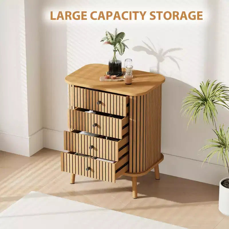Commode à 4 tiroirs, chiffonnier de chambre à coucher, meuble de rangement, grand espace, commode moderne en osier avec poignées noir mat et pieds en bois