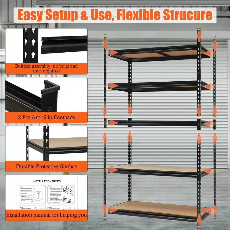 Étagères de garage robustes, étagères de rangement réglables à 5 niveaux, 152x61x183cm, charge 1360 kg, étagères de rangement de garage réglables