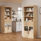 Meuble de rangement en verre ondulé, Meuble de rangement semi-ouvert, Meuble de rangement rétro en bois avec étagères réglables pour salon, cuisine, bois naturel