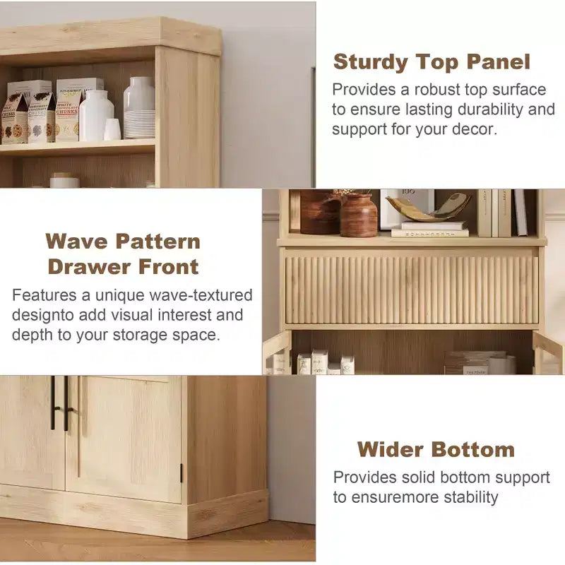 Meuble de rangement en verre ondulé, Meuble de rangement semi-ouvert, Meuble de rangement rétro en bois avec étagères réglables pour salon, cuisine, bois naturel