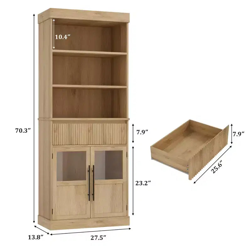 Meuble de rangement en verre ondulé, Meuble de rangement semi-ouvert, Meuble de rangement rétro en bois avec étagères réglables pour salon, cuisine, bois naturel