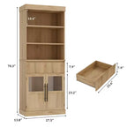 Meuble de rangement en verre ondulé, Meuble de rangement semi-ouvert, Meuble de rangement rétro en bois avec étagères réglables pour salon, cuisine, bois naturel