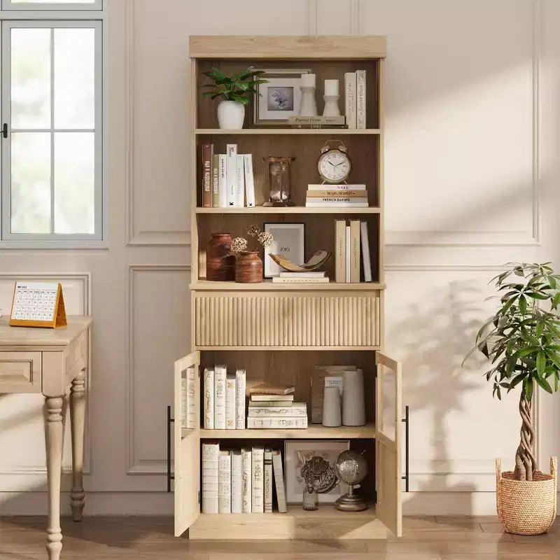Meuble de rangement en verre ondulé, Meuble de rangement semi-ouvert, Meuble de rangement rétro en bois avec étagères réglables pour salon, cuisine, bois naturel