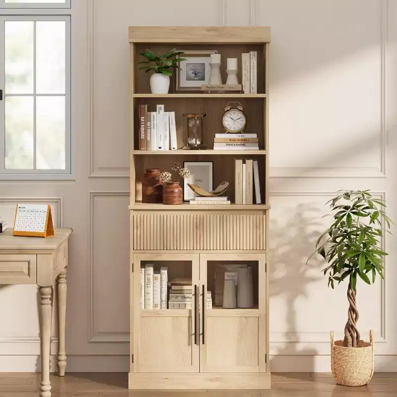Meuble de rangement en verre ondulé, Meuble de rangement semi-ouvert, Meuble de rangement rétro en bois avec étagères réglables pour salon, cuisine, bois naturel