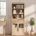 Meuble de rangement en verre ondulé, Meuble de rangement semi-ouvert, Meuble de rangement rétro en bois avec étagères réglables pour salon, cuisine, bois naturel