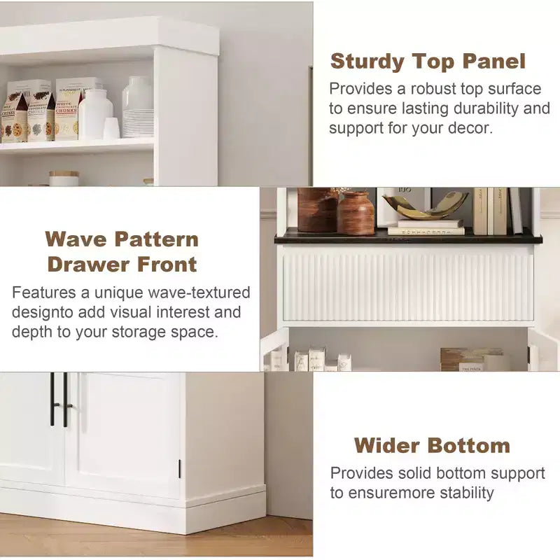 Meuble de rangement en verre ondulé, Meuble de rangement semi-ouvert, Meuble de rangement rétro en bois avec étagères réglables pour salon, cuisine, bois naturel