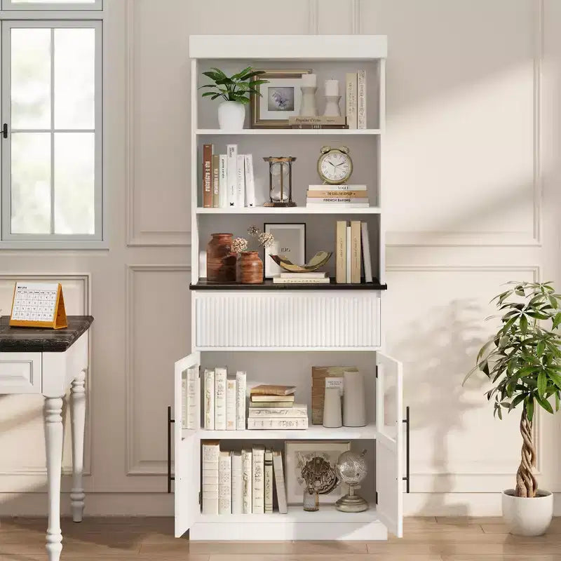 Meuble de rangement en verre ondulé, Meuble de rangement semi-ouvert, Meuble de rangement rétro en bois avec étagères réglables pour salon, cuisine, bois naturel