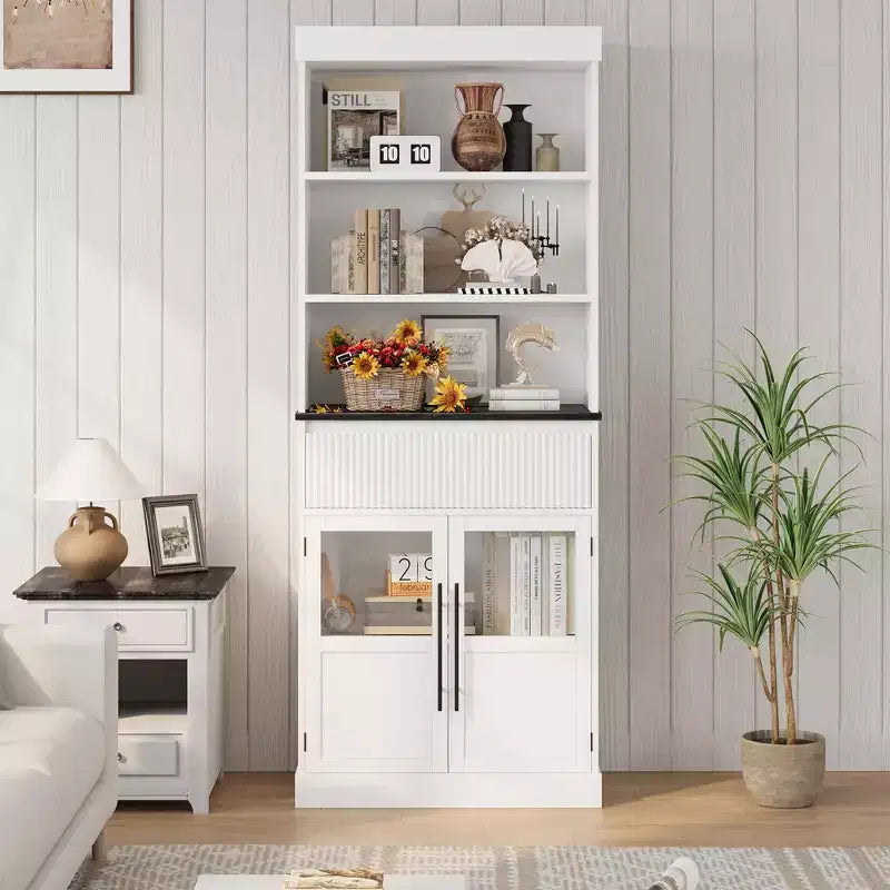 Meuble de rangement en verre ondulé, Meuble de rangement semi-ouvert, Meuble de rangement rétro en bois avec étagères réglables pour salon, cuisine, bois naturel