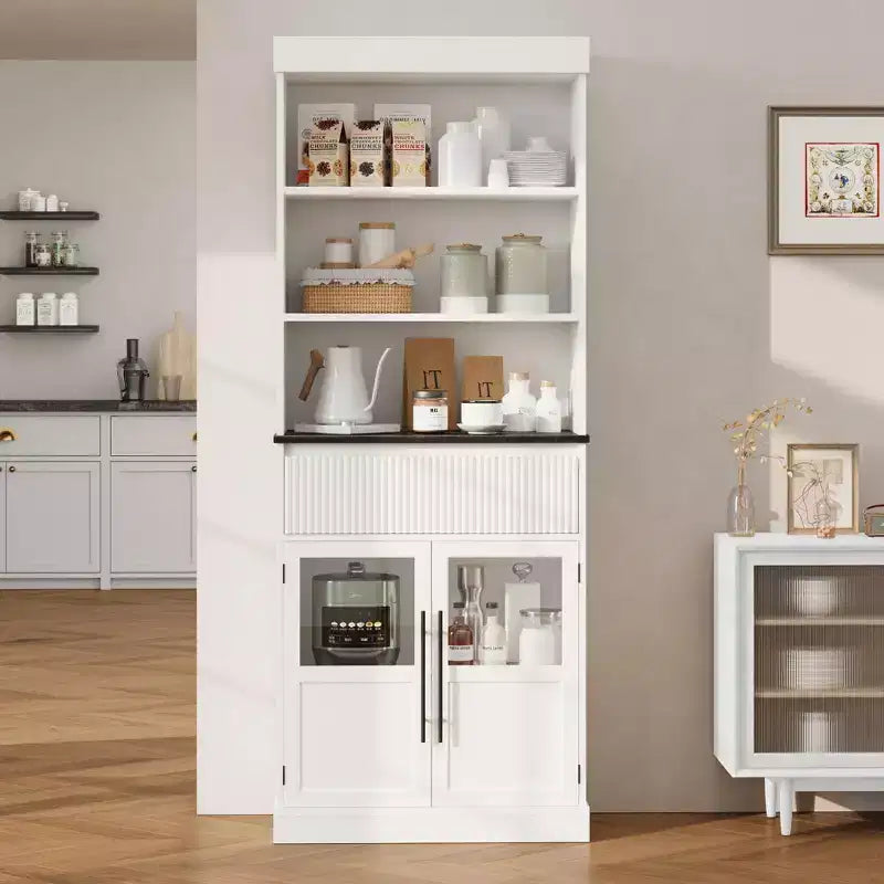Meuble de rangement en verre ondulé, Meuble de rangement semi-ouvert, Meuble de rangement rétro en bois avec étagères réglables pour salon, cuisine, bois naturel