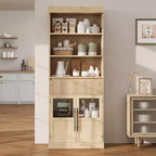 Meuble de rangement en verre ondulé, Meuble de rangement semi-ouvert, Meuble de rangement rétro en bois avec étagères réglables pour salon, cuisine, bois naturel