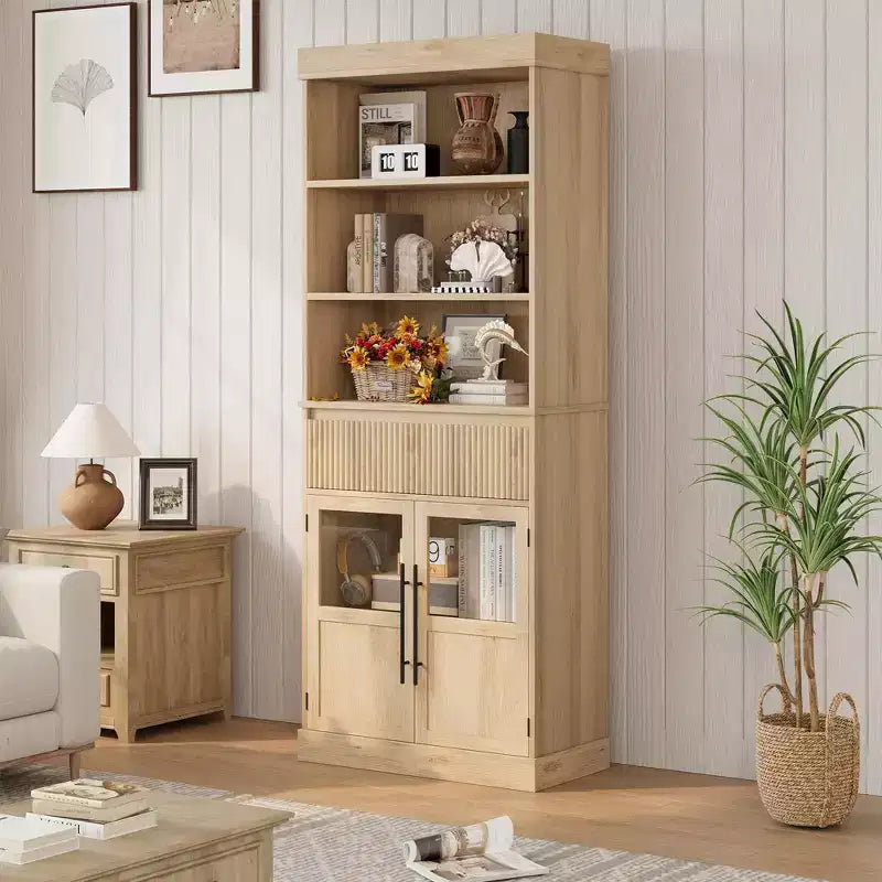 Meuble de rangement en verre ondulé, Meuble de rangement semi-ouvert, Meuble de rangement rétro en bois avec étagères réglables pour salon, cuisine, bois naturel
