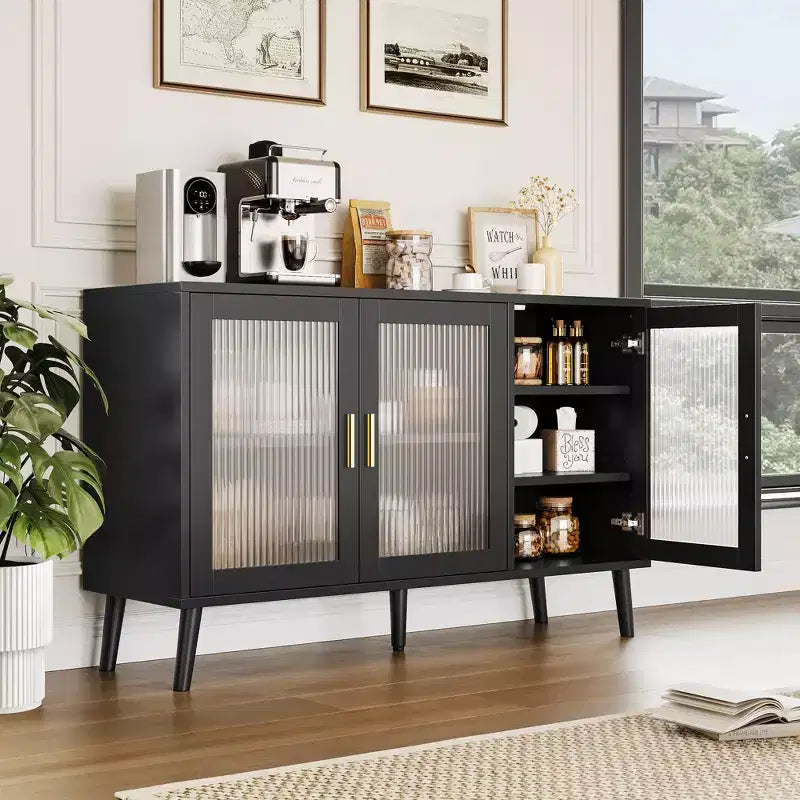 Meuble de Rangement en Verre, Buffet de Cuisine, Meuble d'Entrée, Meuble TV avec Étagères Réglables et Poignées en Métal pour Salon et Entrée, Noir