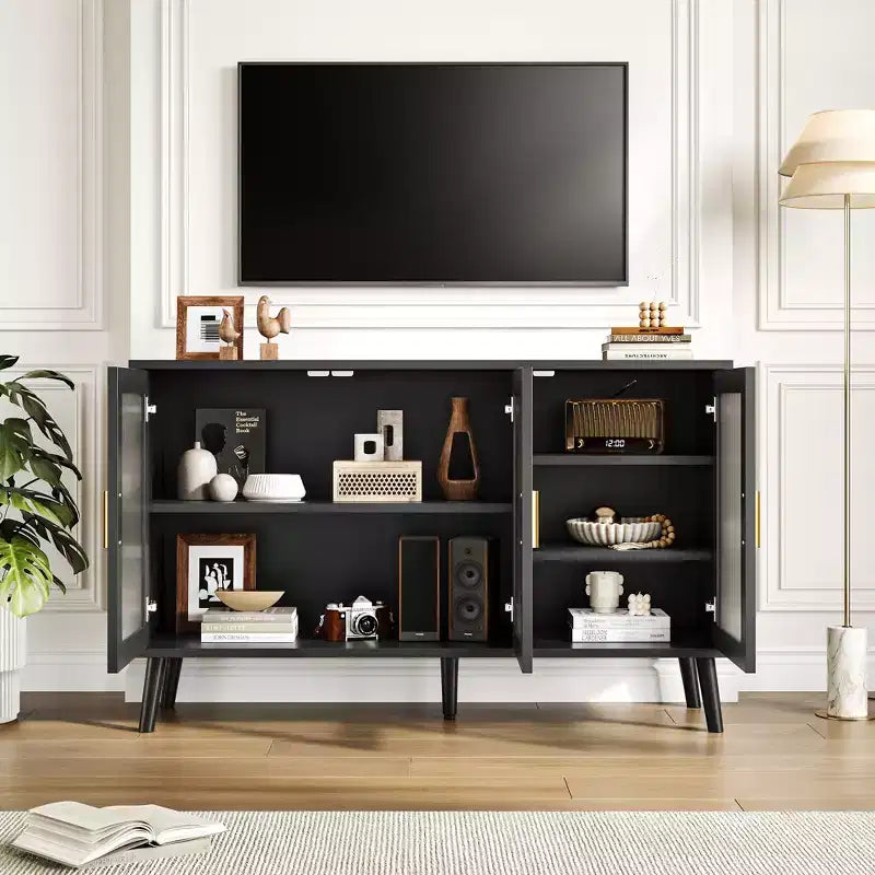 Meuble de Rangement en Verre, Buffet de Cuisine, Meuble d'Entrée, Meuble TV avec Étagères Réglables et Poignées en Métal pour Salon et Entrée, Noir