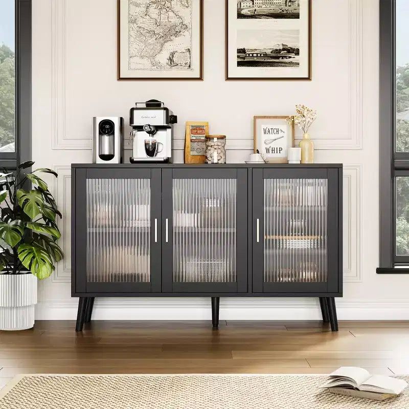 Meuble de Rangement en Verre, Buffet de Cuisine, Meuble d'Entrée, Meuble TV avec Étagères Réglables et Poignées en Métal pour Salon et Entrée, Noir