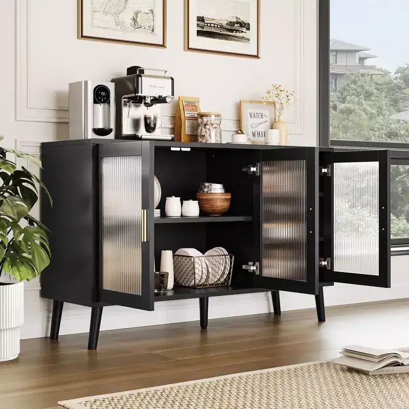 Meuble de Rangement en Verre, Buffet de Cuisine, Meuble d'Entrée, Meuble TV avec Étagères Réglables et Poignées en Métal pour Salon et Entrée, Noir