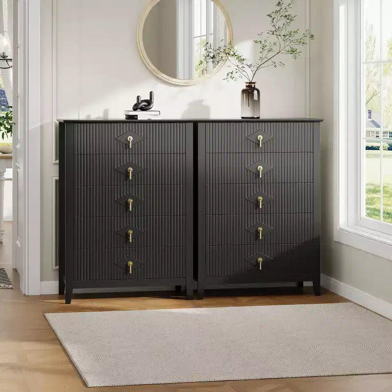 Commode de chambre à 5 tiroirs, 81 cm de large, moderne avec poignées métalliques et tiroirs en bois pour chambre, salon, couloir