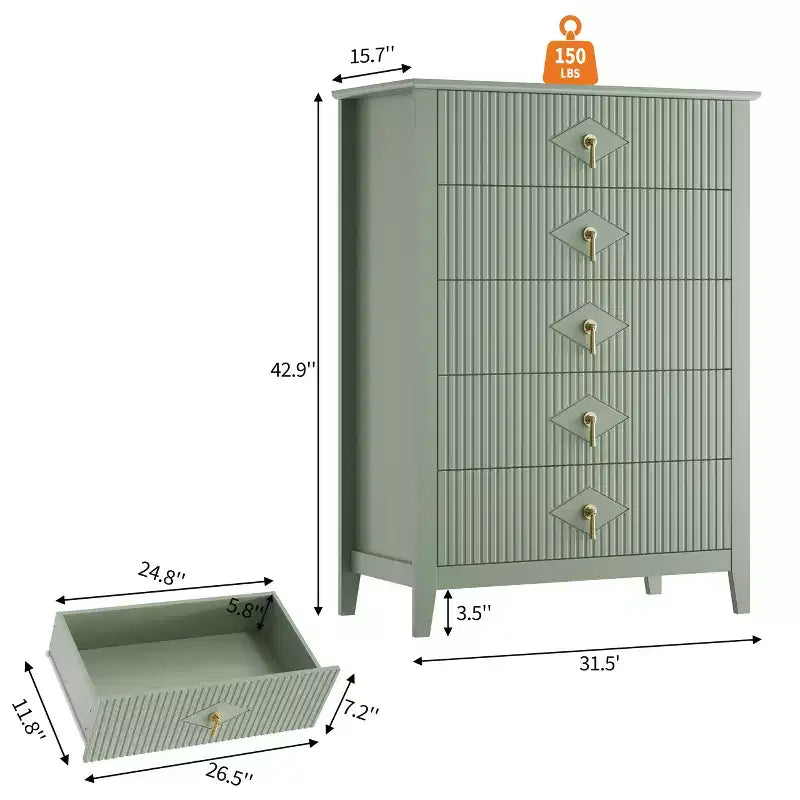 Commode de chambre à 5 tiroirs, 81 cm de large, moderne avec poignées métalliques et tiroirs en bois pour chambre, salon, couloir