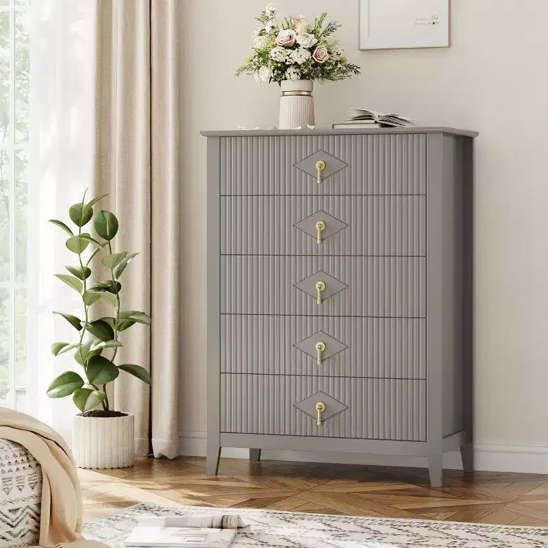 Commode de chambre à 5 tiroirs, 81 cm de large, moderne avec poignées métalliques et tiroirs en bois pour chambre, salon, couloir