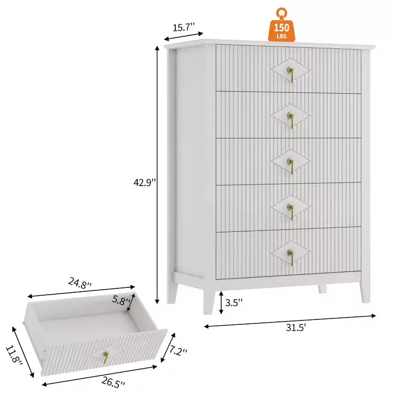 Commode de chambre à 5 tiroirs, 81 cm de large, moderne avec poignées métalliques et tiroirs en bois pour chambre, salon, couloir