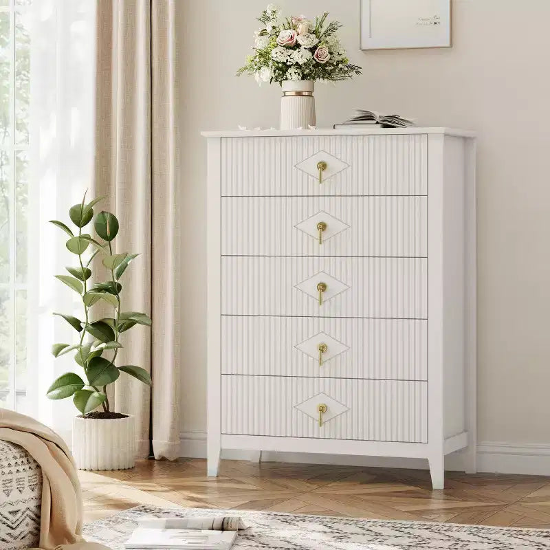 Commode de chambre à 5 tiroirs, 81 cm de large, moderne avec poignées métalliques et tiroirs en bois pour chambre, salon, couloir