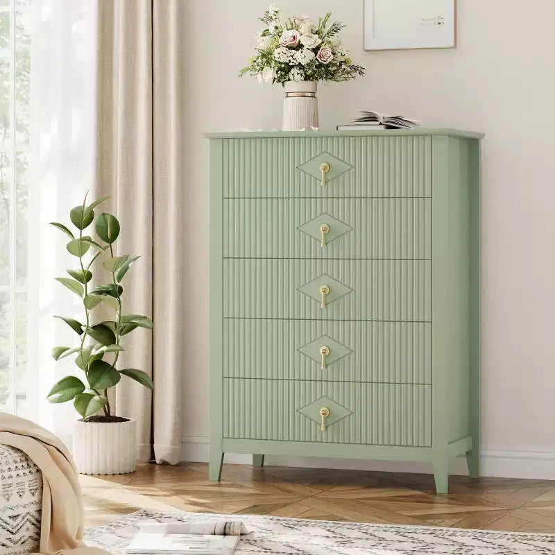 Commode de chambre à 5 tiroirs, 81 cm de large, moderne avec poignées métalliques et tiroirs en bois pour chambre, salon, couloir