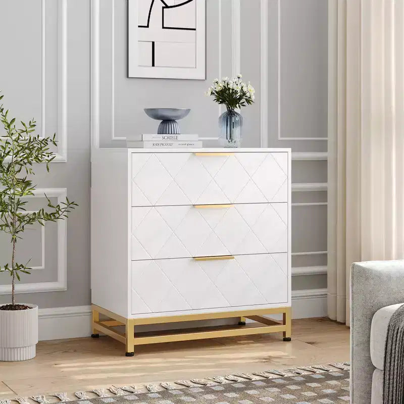 Meuble de rangement à trois tiroirs, table de chevet avec fonction de rangement, coiffeuse, poignée dorée, convient pour la chambre, le salon et l'entrée.