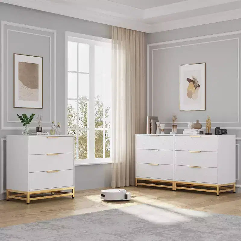 Meuble de rangement à trois tiroirs, table de chevet avec fonction de rangement, coiffeuse, poignée dorée, convient pour la chambre, le salon et l'entrée.