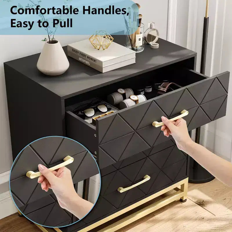 Meuble de rangement à trois tiroirs, table de chevet avec fonction de rangement, coiffeuse, poignée dorée, convient pour la chambre, le salon et l'entrée.