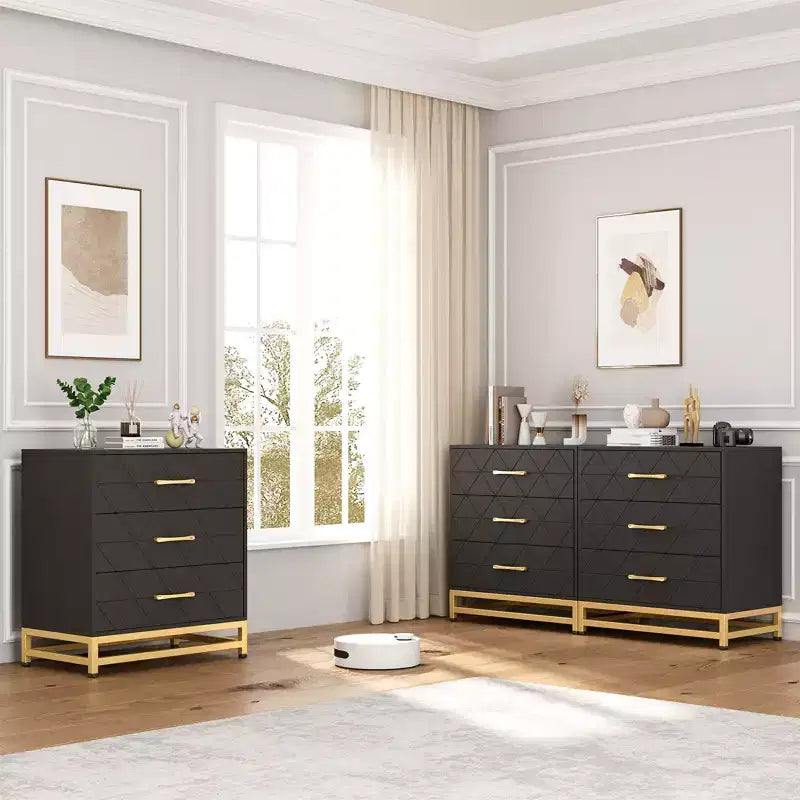 Meuble de rangement à trois tiroirs, table de chevet avec fonction de rangement, coiffeuse, poignée dorée, convient pour la chambre, le salon et l'entrée.
