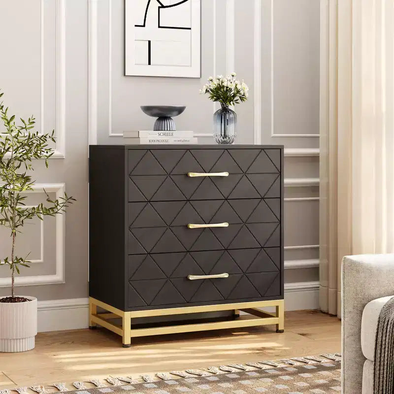 Meuble de rangement à trois tiroirs, table de chevet avec fonction de rangement, coiffeuse, poignée dorée, convient pour la chambre, le salon et l'entrée.