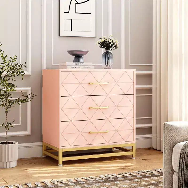 Meuble de rangement à trois tiroirs, table de chevet avec fonction de rangement, coiffeuse, poignée dorée, convient pour la chambre, le salon et l'entrée.