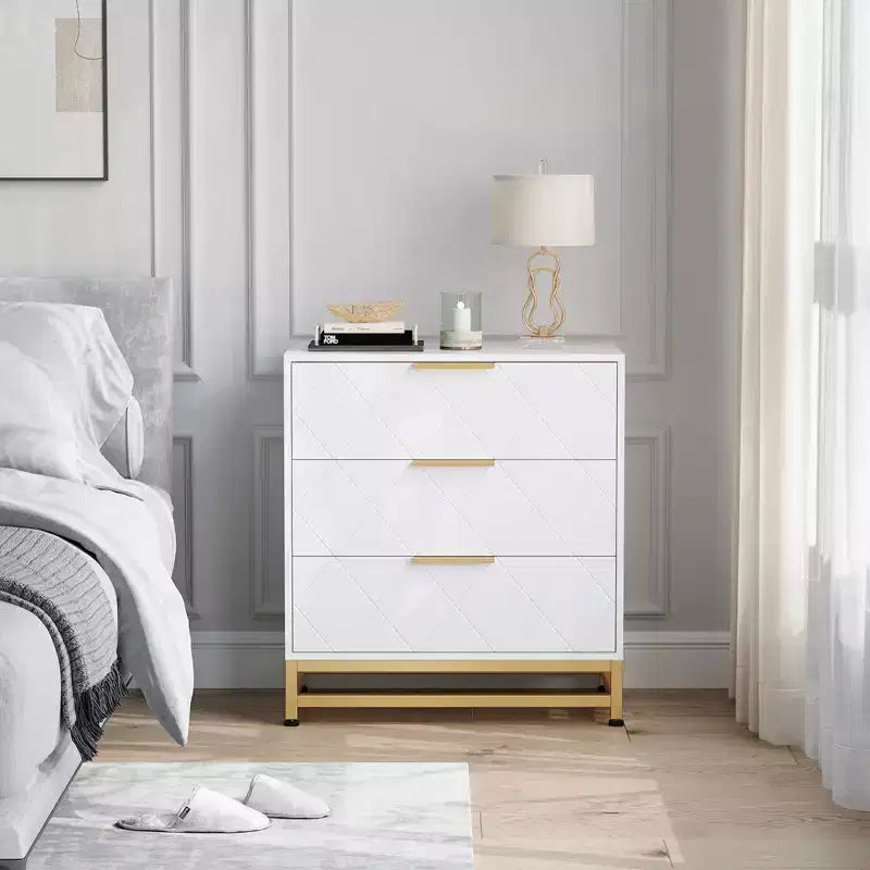 Meuble de rangement à trois tiroirs, table de chevet avec fonction de rangement, coiffeuse, poignée dorée, convient pour la chambre, le salon et l'entrée.