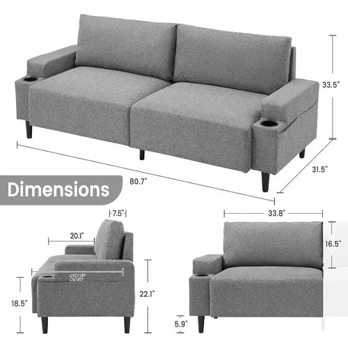 Canapé deux places Acekool 81 Comfort, 3 places avec porte-gobelets et poches de rangement, coussins profonds pour salon, chambre à coucher